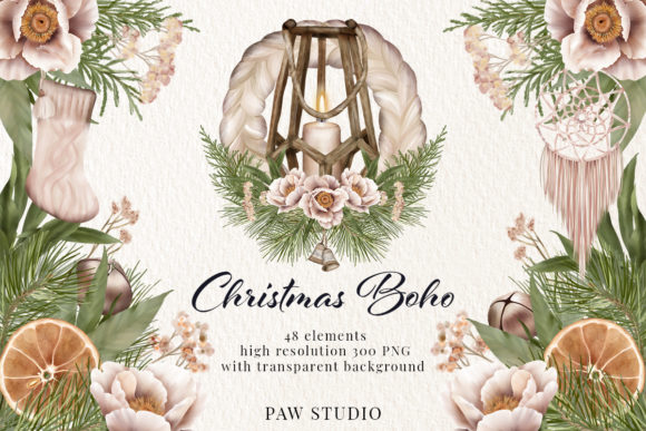 Christmas Boho Clipart Winter Holidays