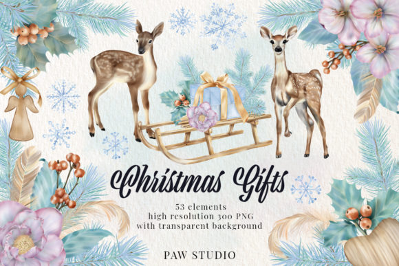 Christmas Gift Boxes Deer Flowers Clipar